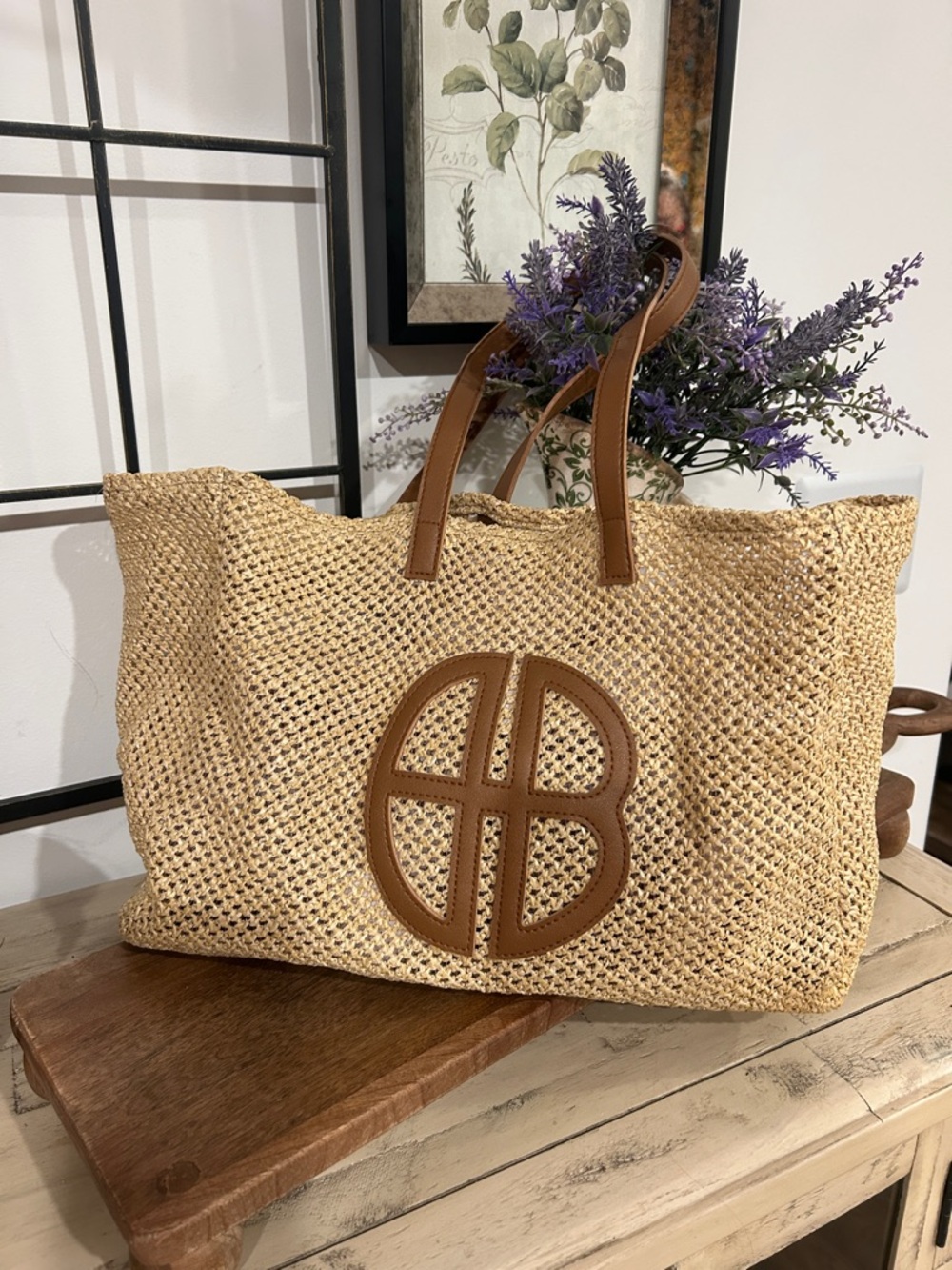Woven Straw Tote with Brown Leather Trim - Natural - Picture 5 of 6